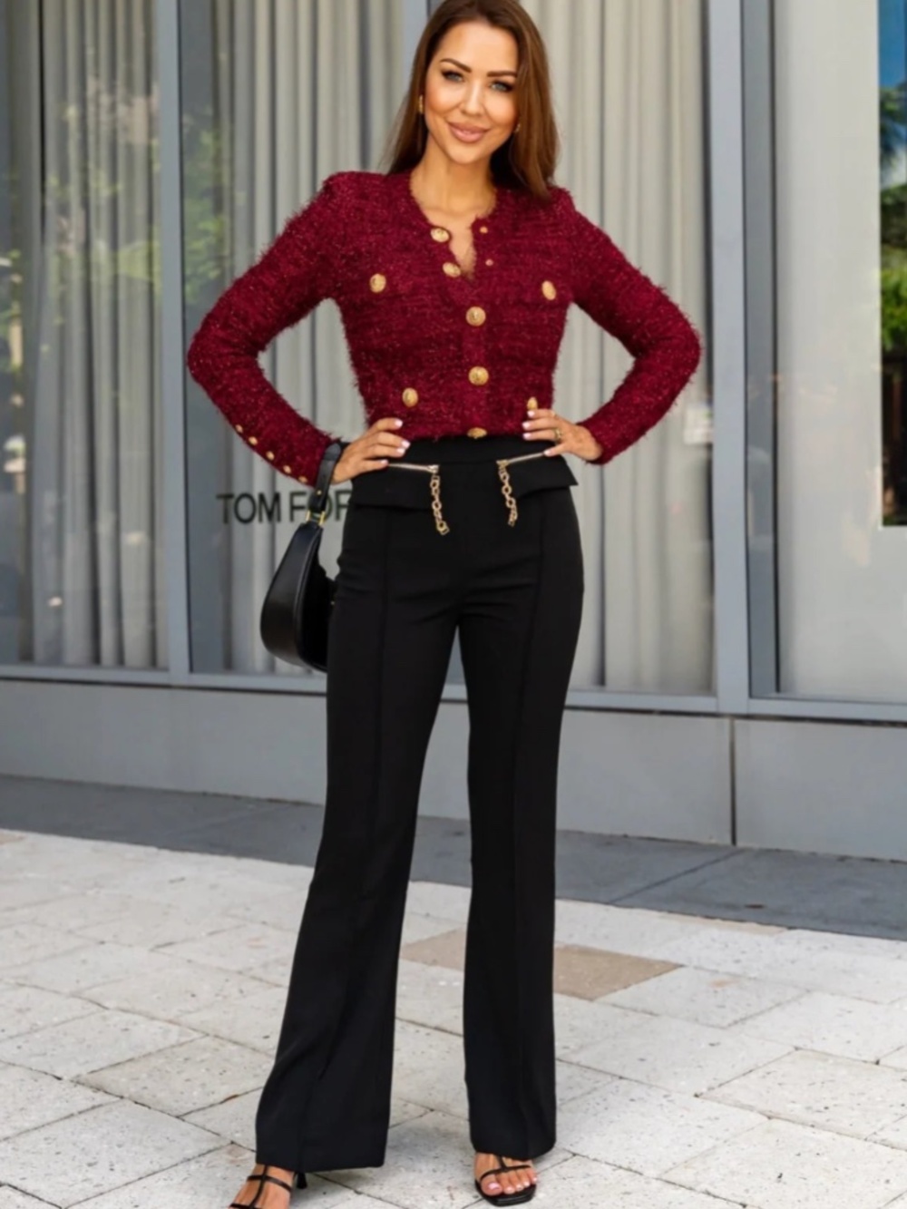 Black High Waisted Wide Leg Pants Gold Chain Zipper Detail Elegant
